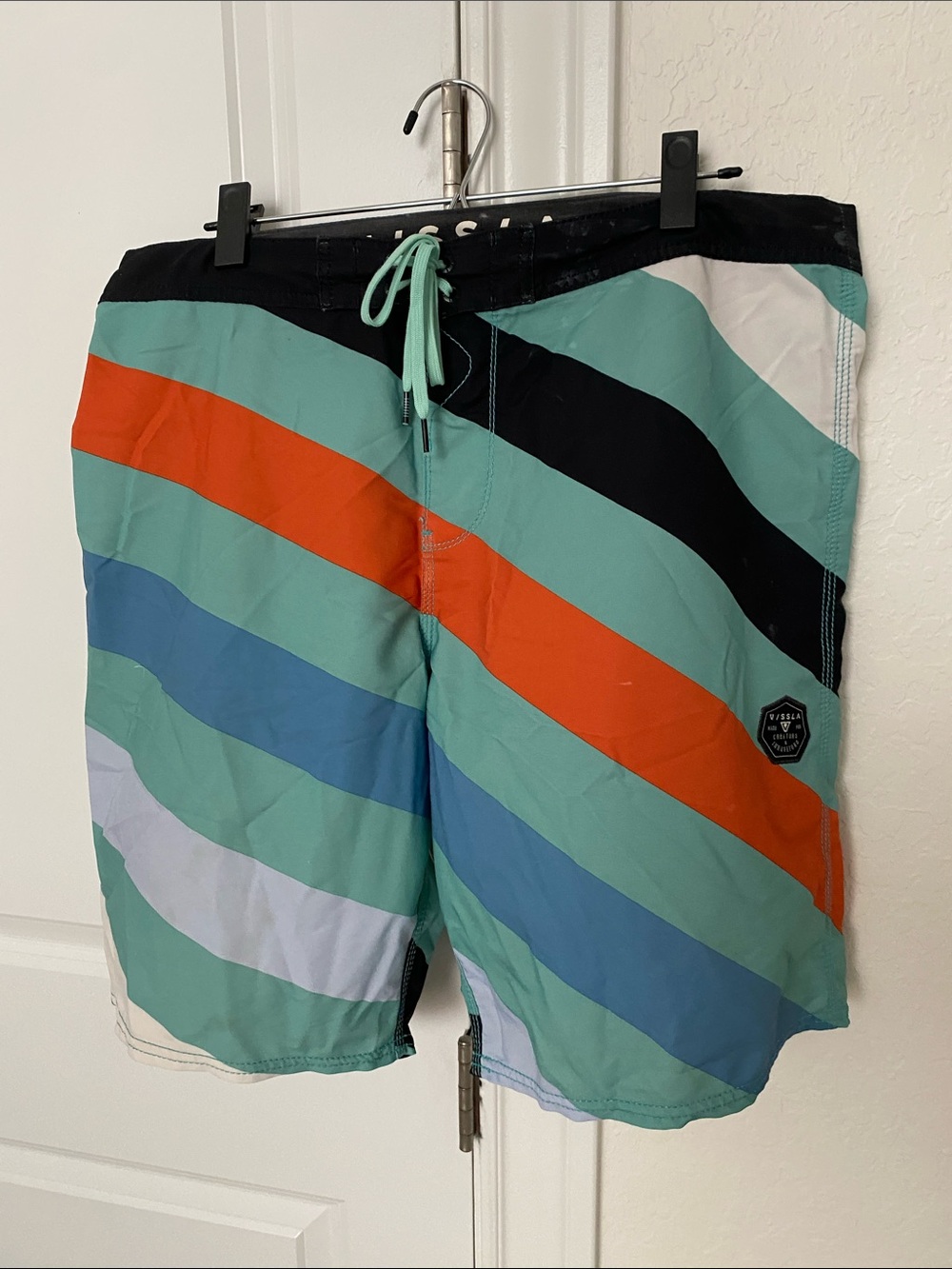 Men’s Vissla- Teal Multi-Stripe Swim Board Shorts with Orange & Blue Accents